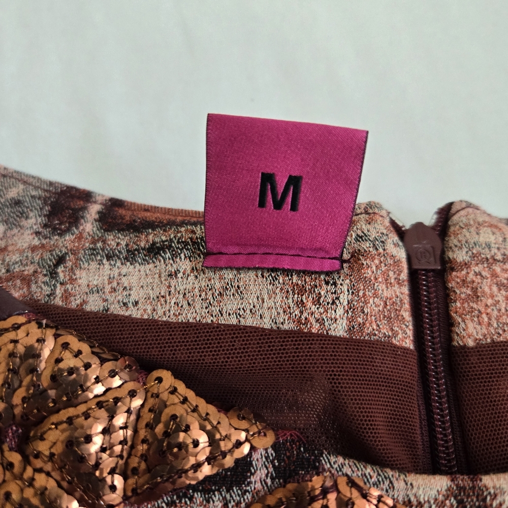 Save The Queen Sheath Dress Leather Inserts Rose Gold Sequins Geometric Maroon M - Picture 11 of 14